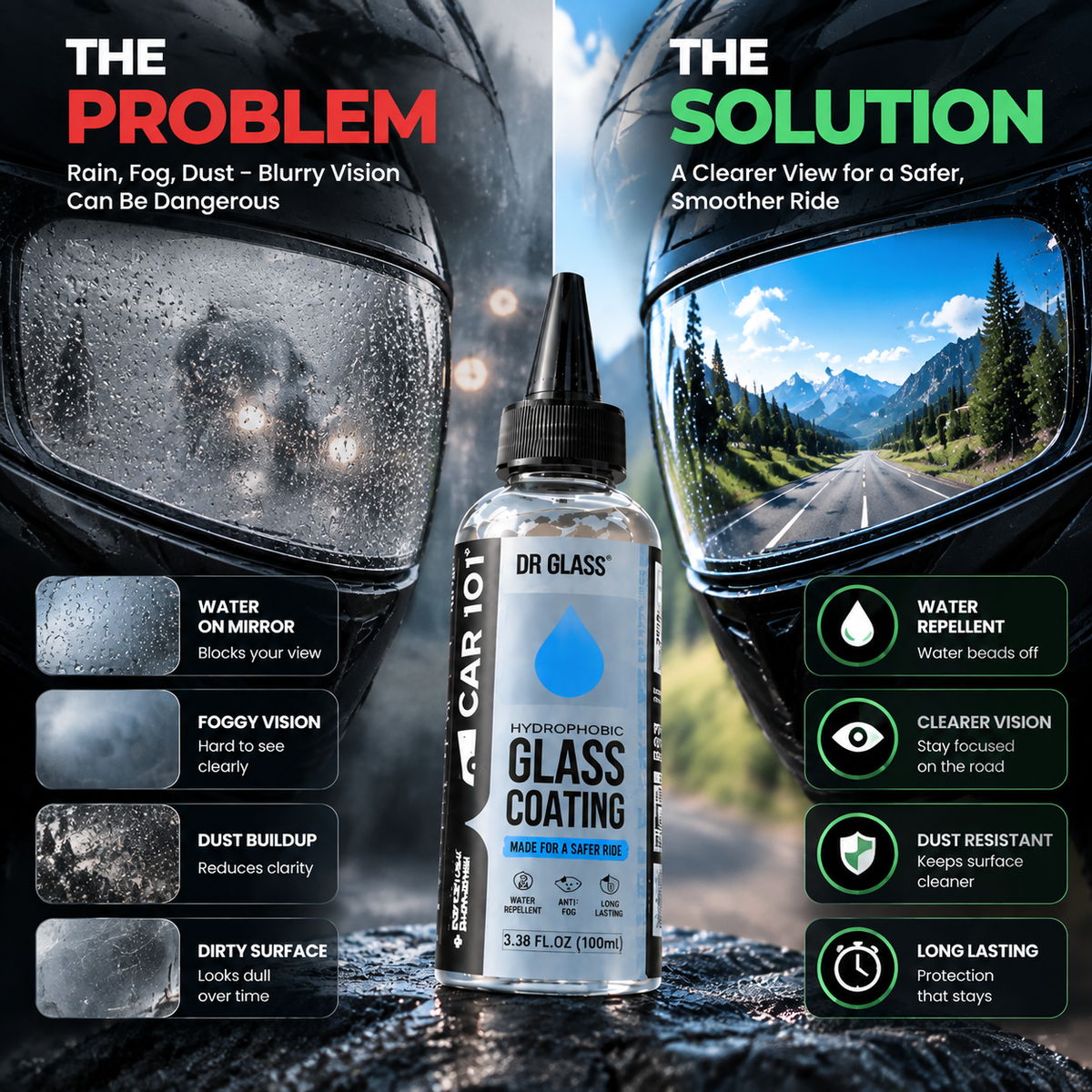 DR GLASS™ Hydrophobic Glass Coating 🏍️✨