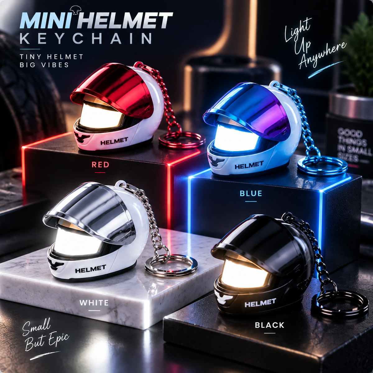 🏍️ Mini Helmet LED Keychain ✨