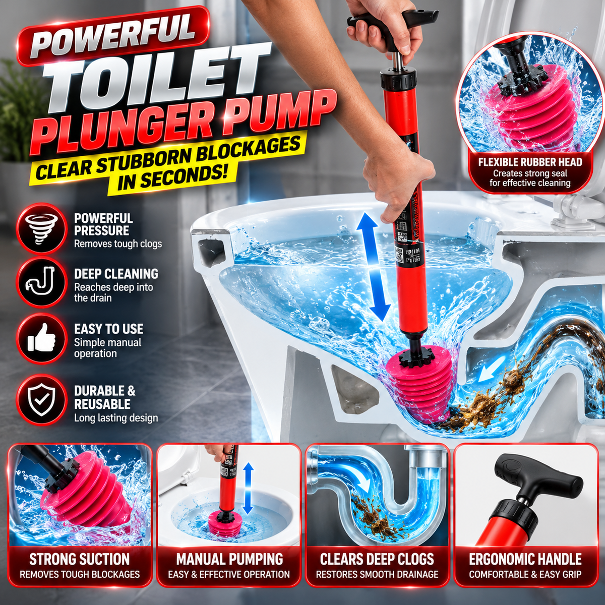 🚽 High Pressure Toilet Plunger – Powerful Drain Unblocker Pump