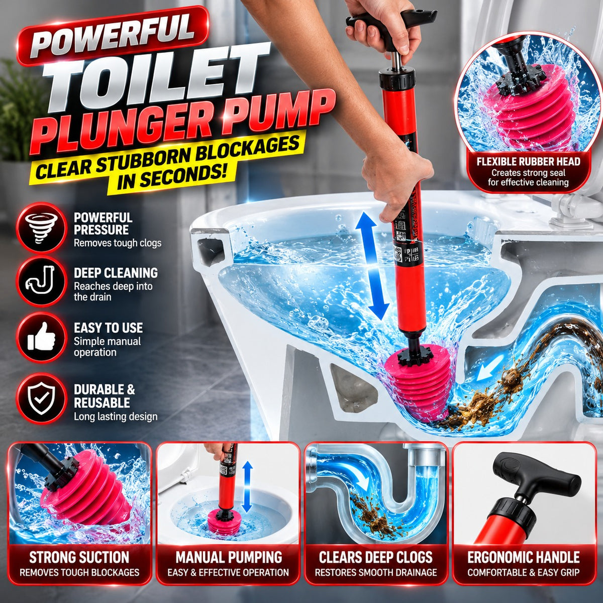 🚽 Powerful Toilet Plunger Pump – High Pressure Drain Cleaner