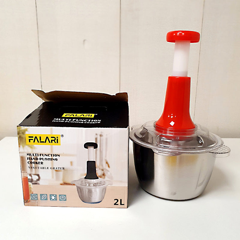 Stainless Steel Manual Food Chopper 2L – Multi-Purpose Vegetable, Fruit & Nut Cutter with Hand Push Blades