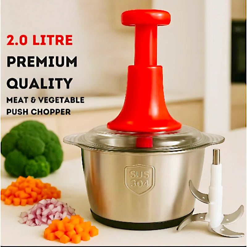 Stainless Steel Manual Food Chopper 2L – Multi-Purpose Vegetable, Fruit & Nut Cutter with Hand Push Blades